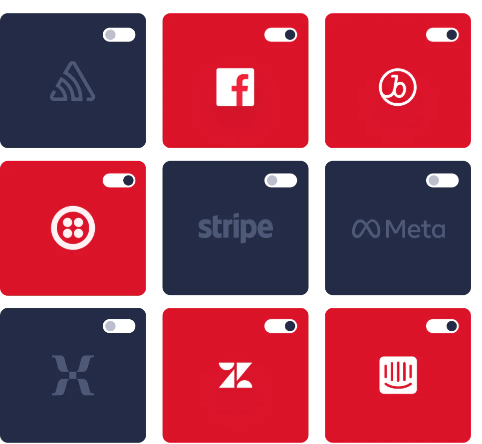 A 3x3 grid featuring logos of nine tech companies including Facebook, Stripe, Meta, and others.