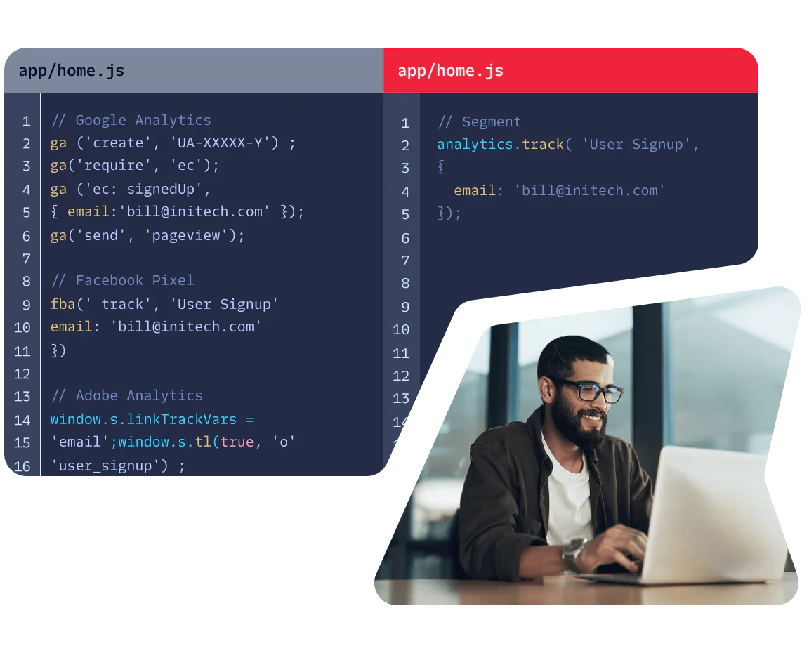 A developer writing analytics code in a JavaScript file with different integrations.